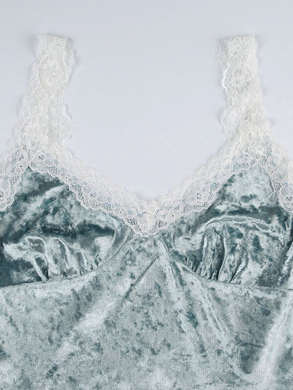 French Style Lace Trim Velvet Cami Top