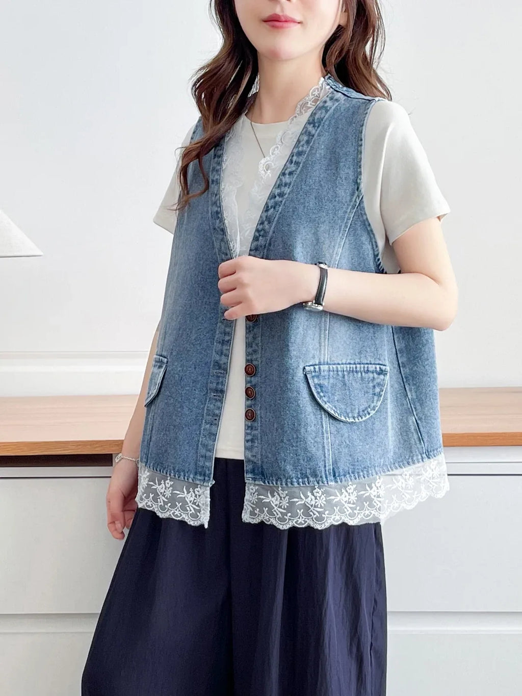 Lace-Trimmed Button-Front Vest in Blue
