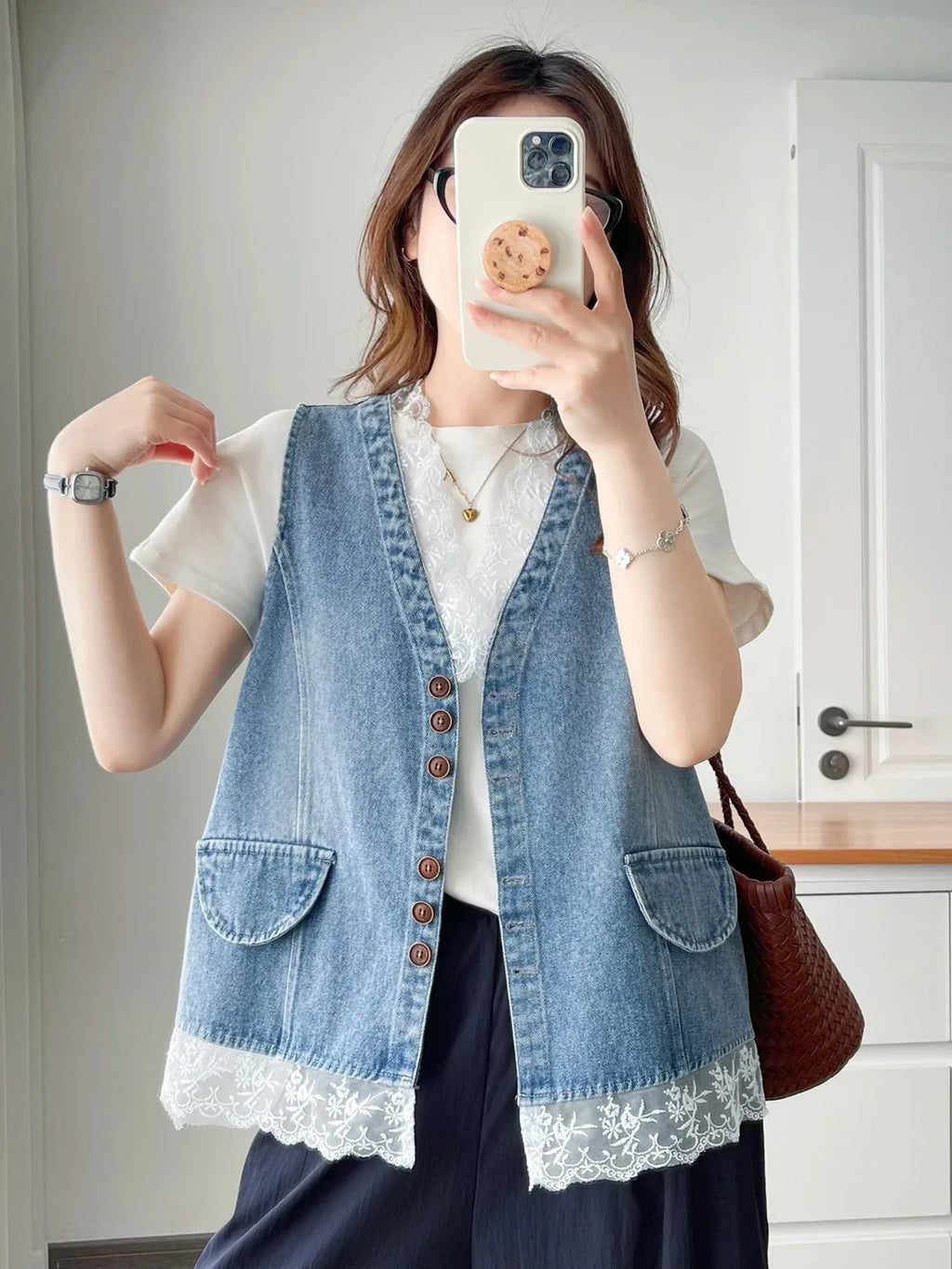 Lace-Trimmed Button-Front Vest in Blue