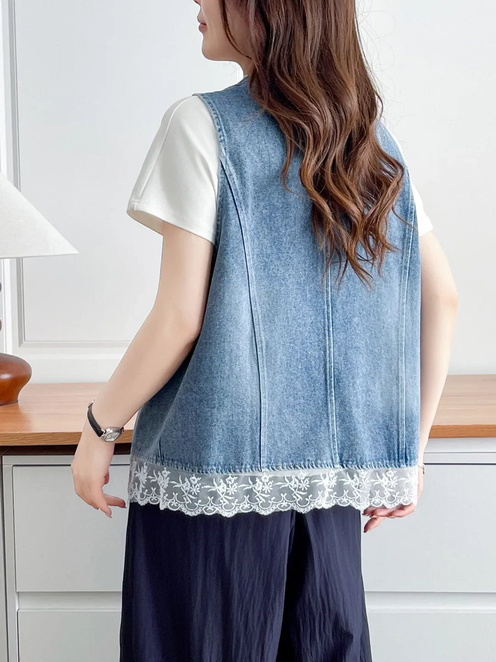 Lace-Trimmed Button-Front Vest in Blue