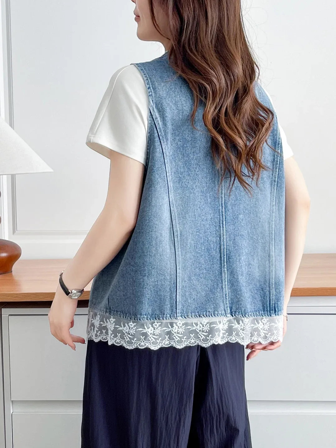 Lace-Trimmed Button-Front Vest in Blue
