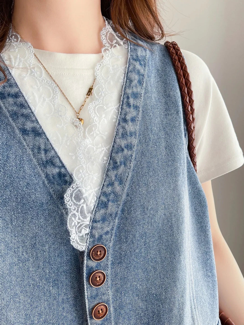 Lace-Trimmed Button-Front Vest in Blue