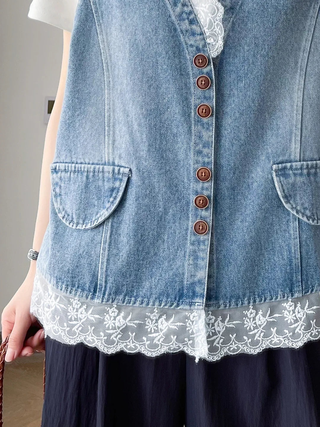Lace-Trimmed Button-Front Vest in Blue