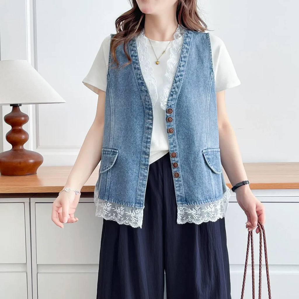 Lace-Trimmed Button-Front Vest in Blue
