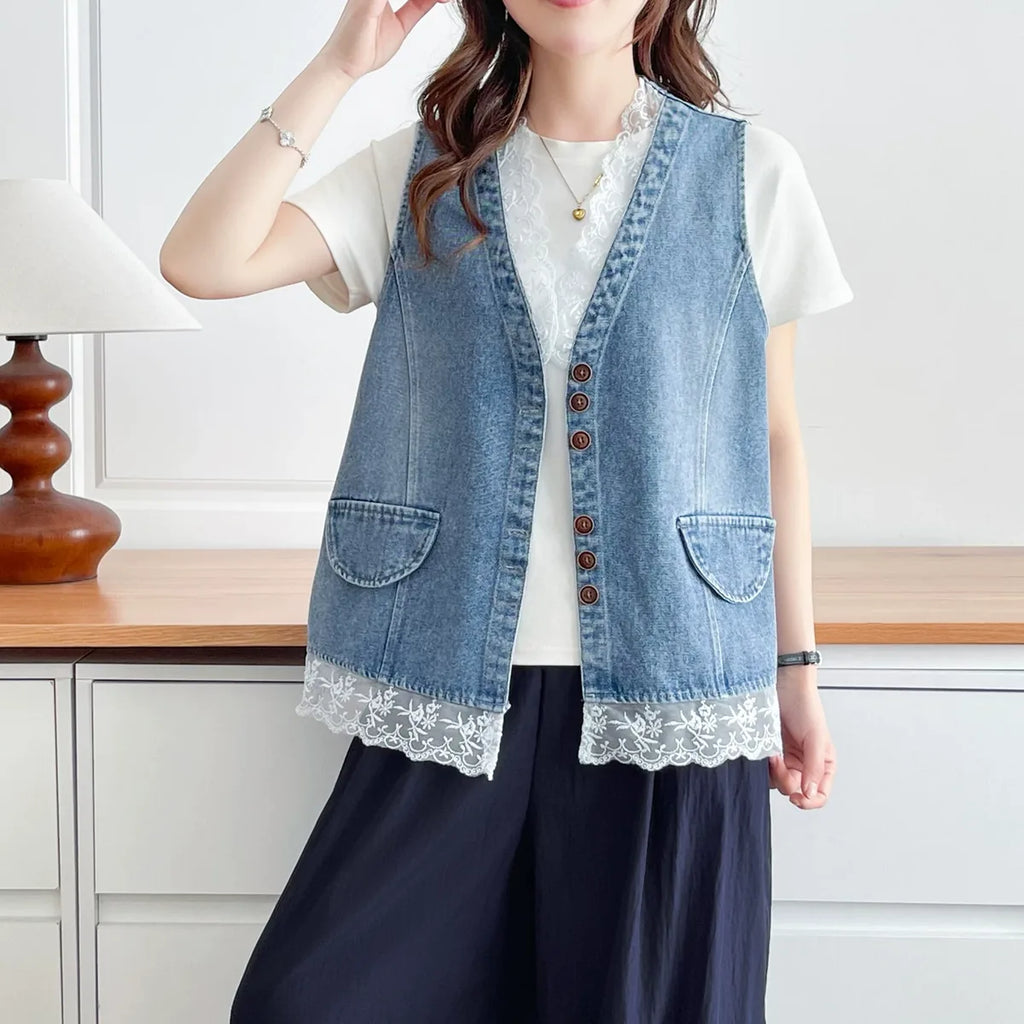 Lace-Trimmed Button-Front Vest in Blue