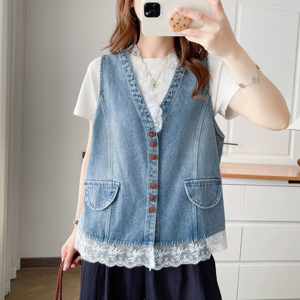 Lace-Trimmed Button-Front Vest in Blue