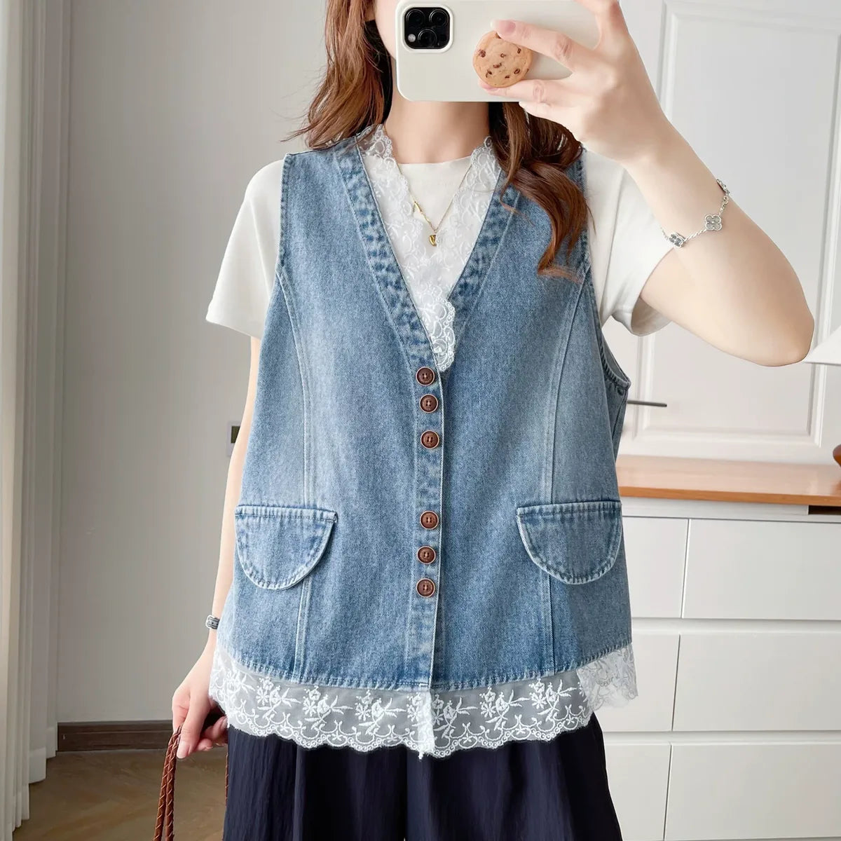 Lace-Trimmed Button-Front Vest in Blue