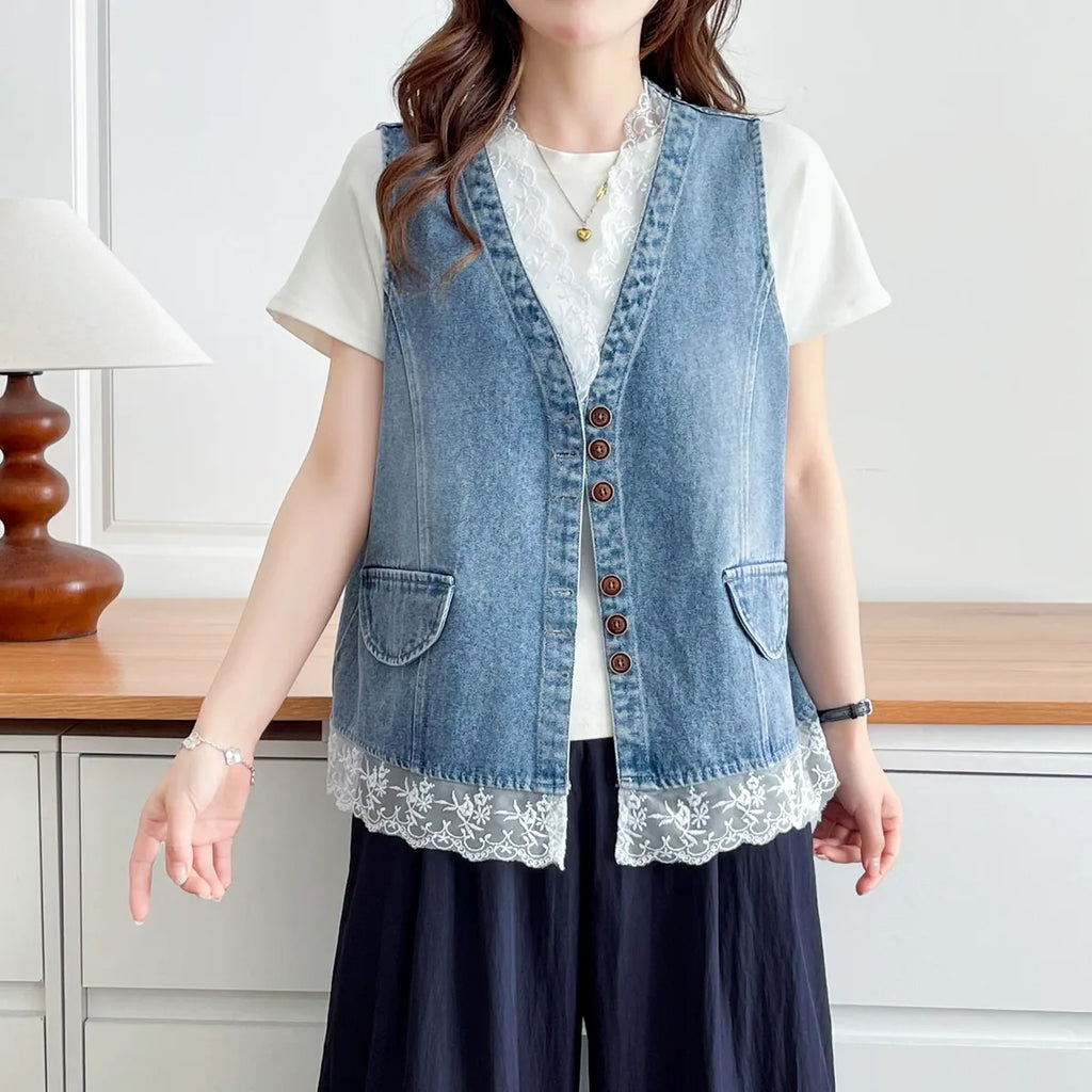 Lace-Trimmed Button-Front Vest in Blue