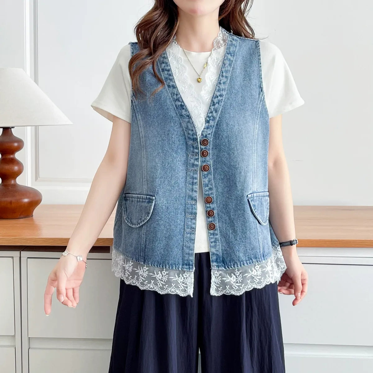 Lace-Trimmed Button-Front Vest in Blue
