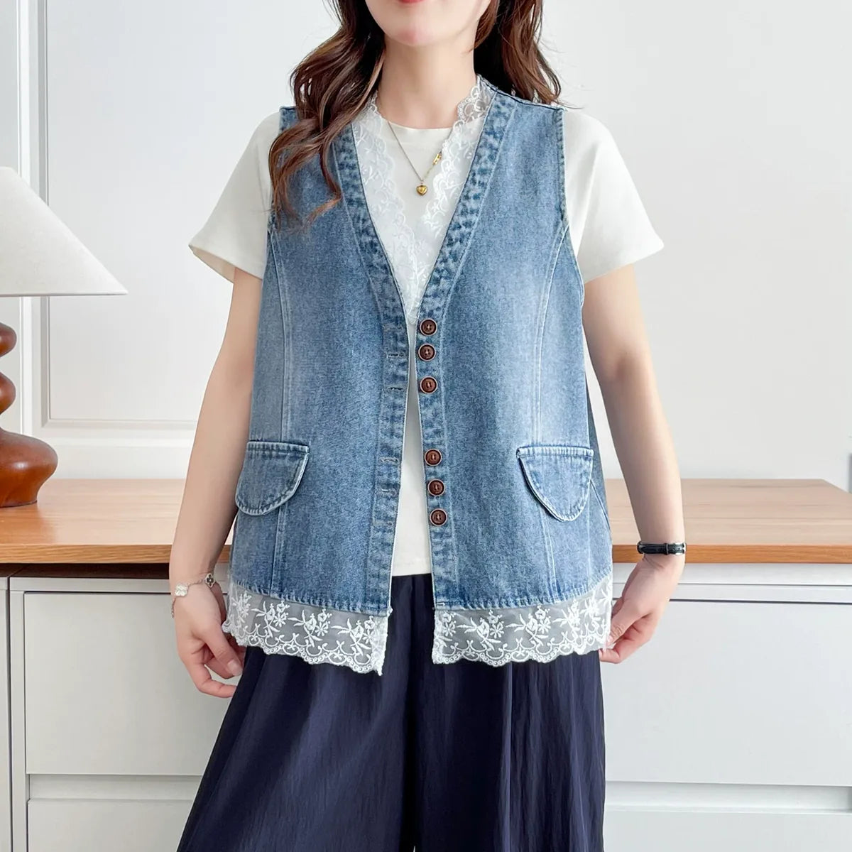 Lace-Trimmed Button-Front Vest in Blue