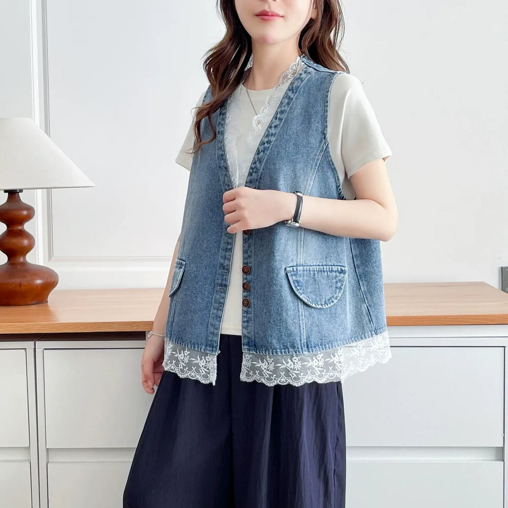 Lace-Trimmed Button-Front Vest in Blue