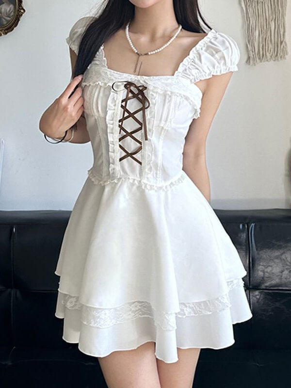 Lace Up Panel White Corset Dress