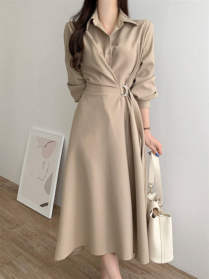 Vestido de manga larga con cuello de solapa de color liso