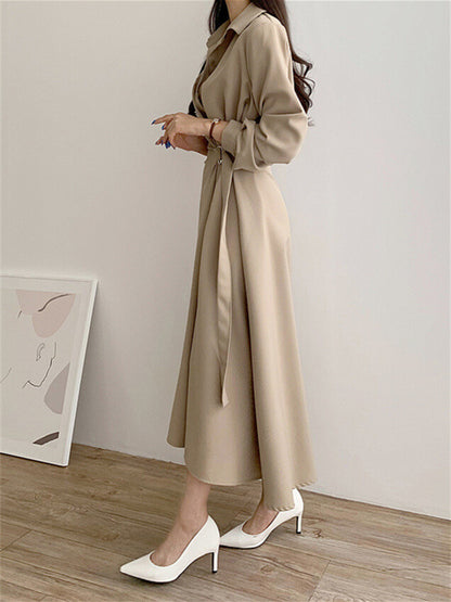 Vestido de manga larga con cuello de solapa de color liso