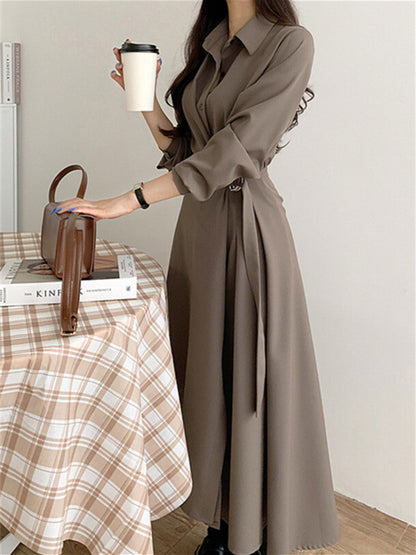 Vestido de manga larga con cuello de solapa de color liso