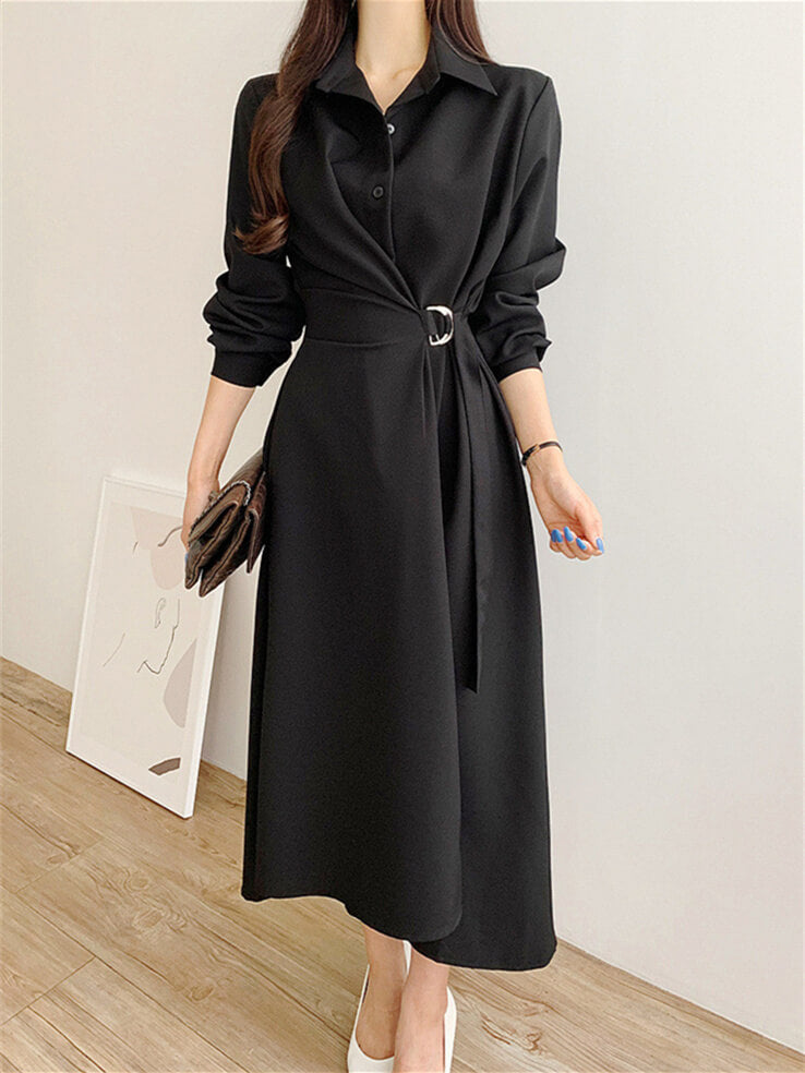 Einfarbiges Kleid mit Reverskragen und langen Ärmeln