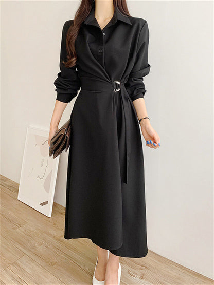 Vestido de manga larga con cuello de solapa de color liso