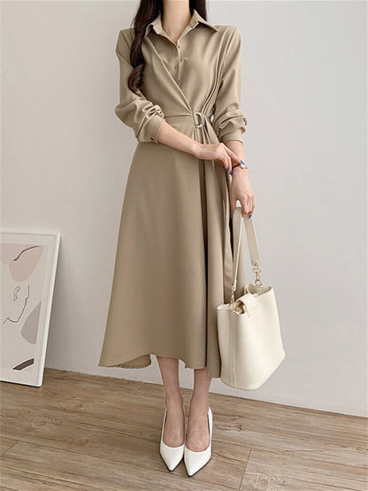 Vestido de manga larga con cuello de solapa de color liso