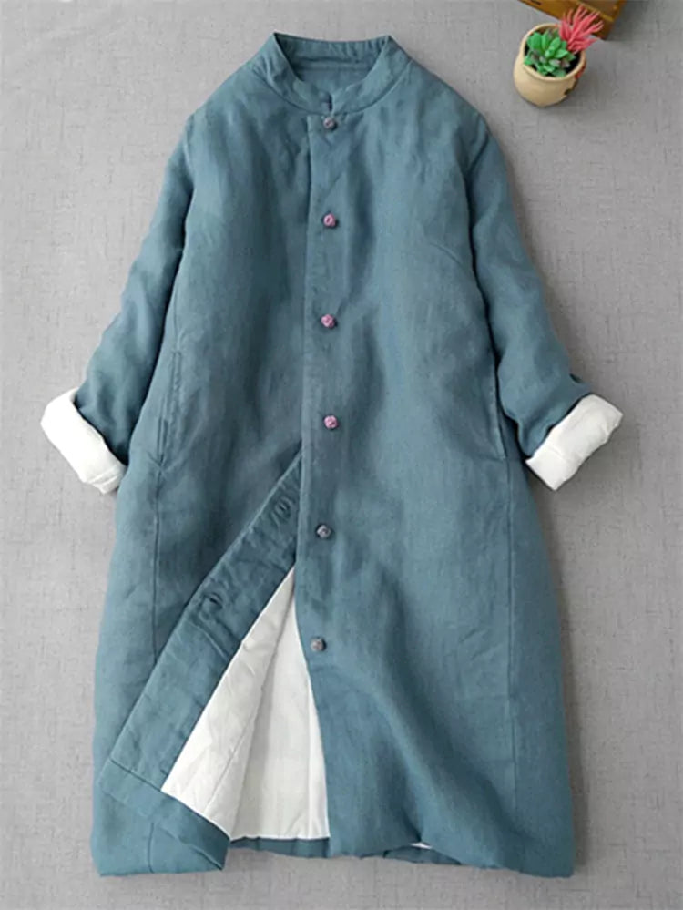 Linen-lined Cotton Padded Coat with Mandarin Collar