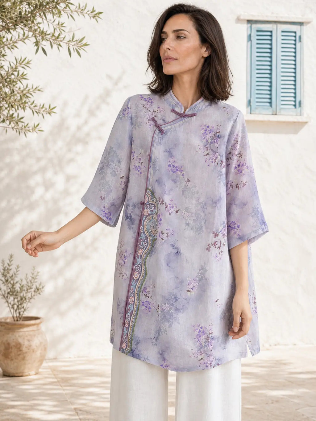 Linen-Look Floral Tunic with Chinese-Style Stand Collar - flat lay view