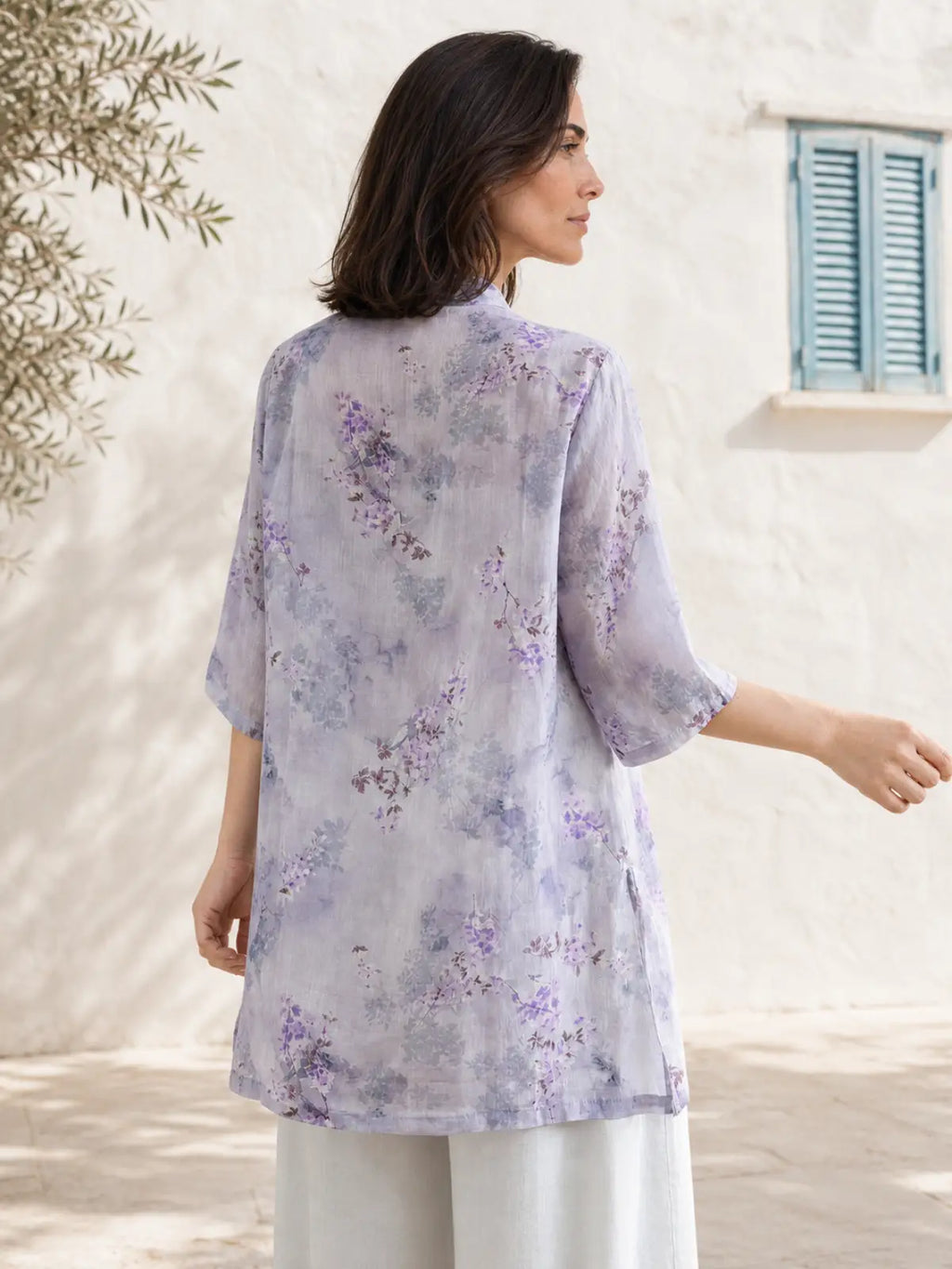 Linen-Look Floral Tunic with Chinese-Style Stand Collar - lifestyle view