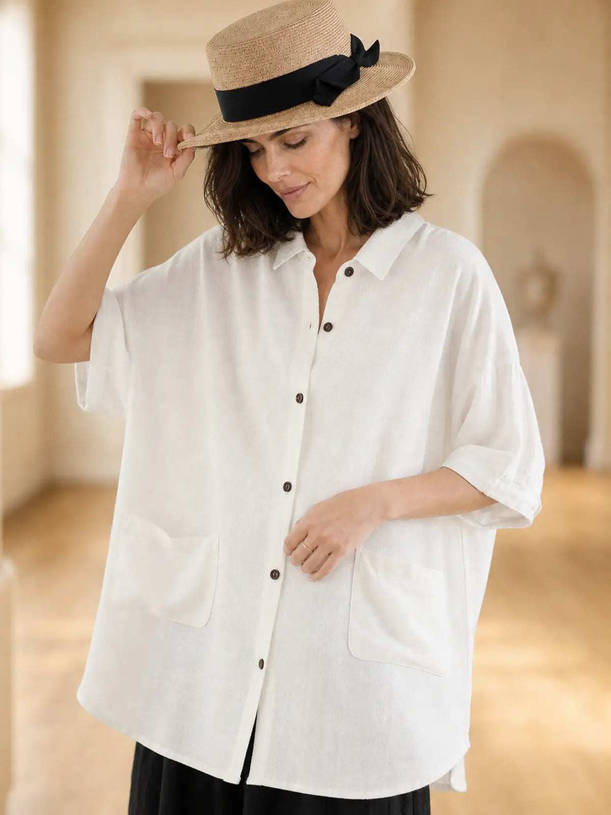 Linen-Look Shirt Collar Top with Patch Pockets - detail view