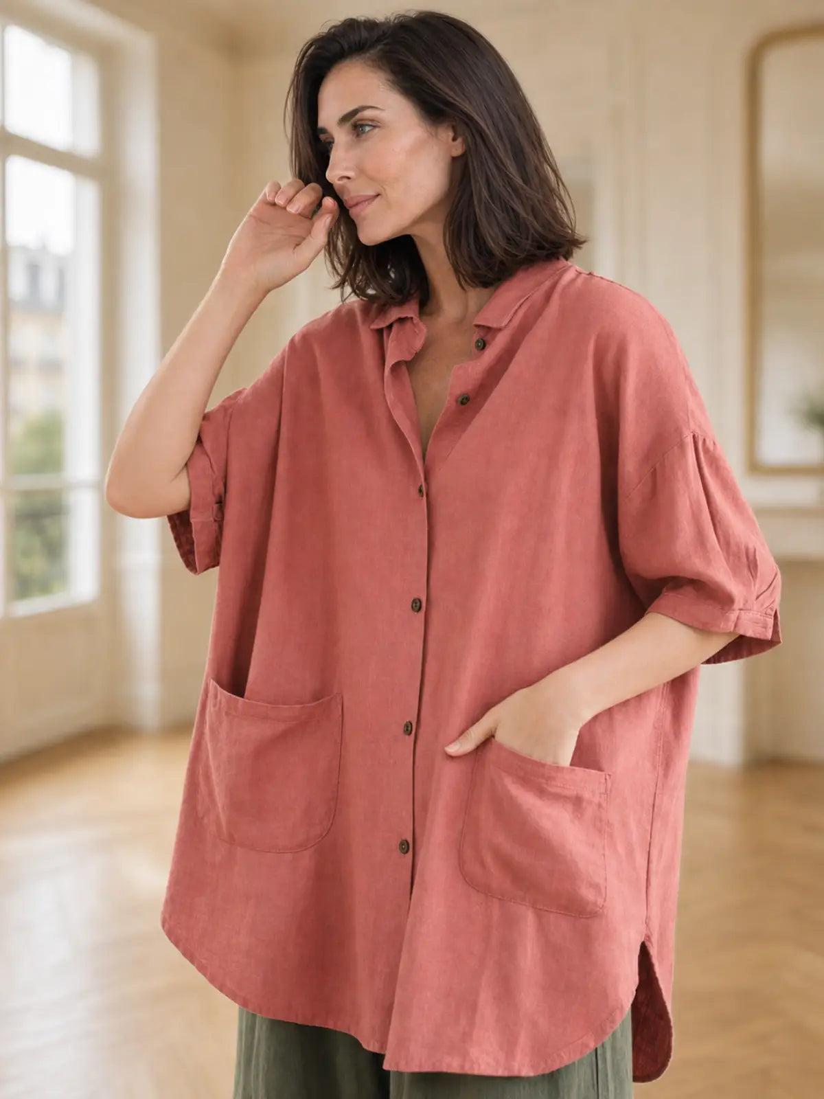 Linen-Look Shirt Collar Top with Patch Pockets - flat lay view