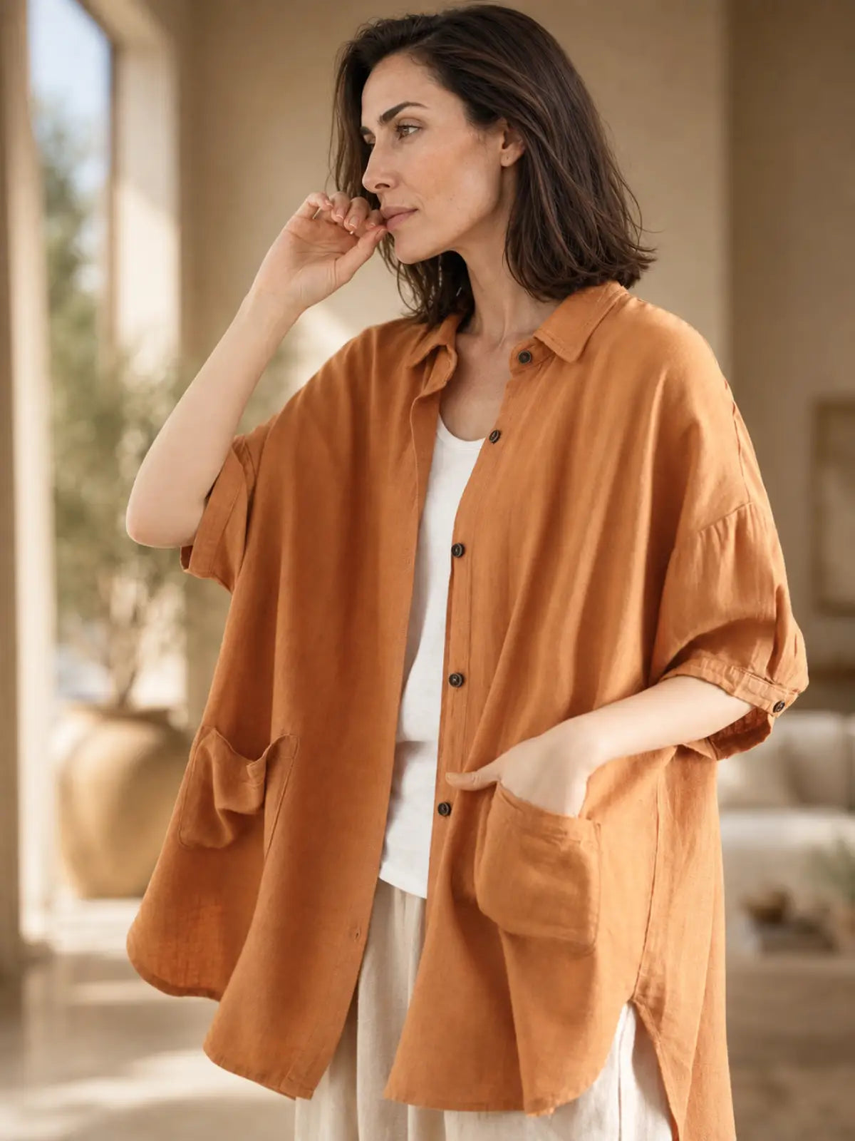Linen-Look Shirt Collar Top with Patch Pockets - lifestyle view