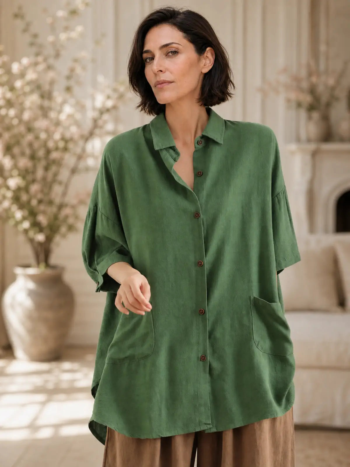 Linen-Look Shirt Collar Top with Patch Pockets - main model view