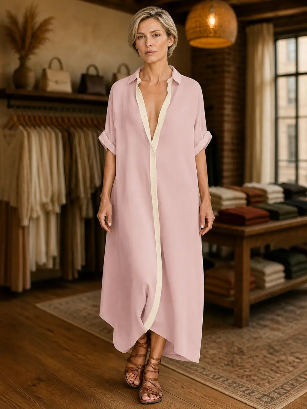Contrast Placket Relaxed Maxi Shirt Dress