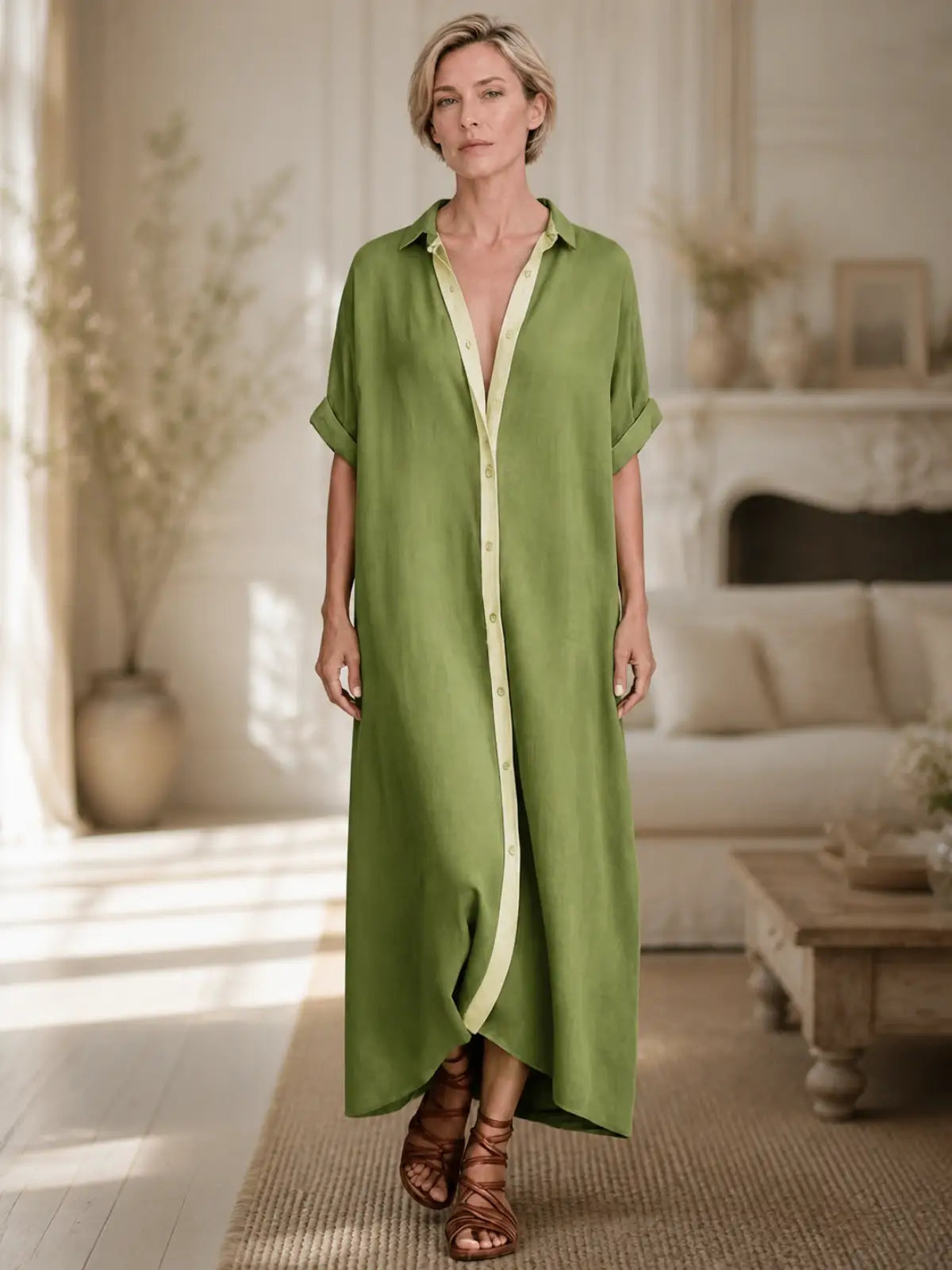 Contrast Placket Relaxed Maxi Shirt Dress