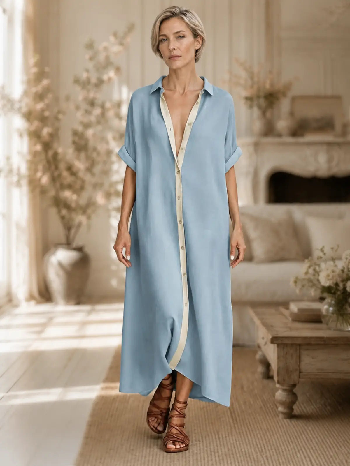 Contrast Placket Relaxed Maxi Shirt Dress