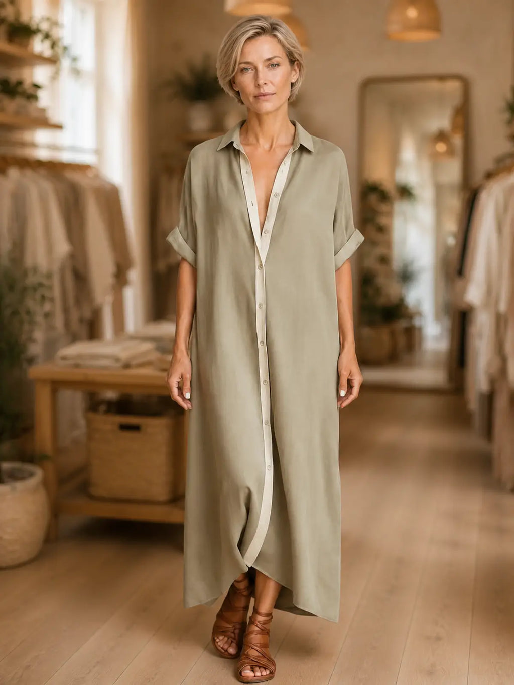 Contrast Placket Relaxed Maxi Shirt Dress