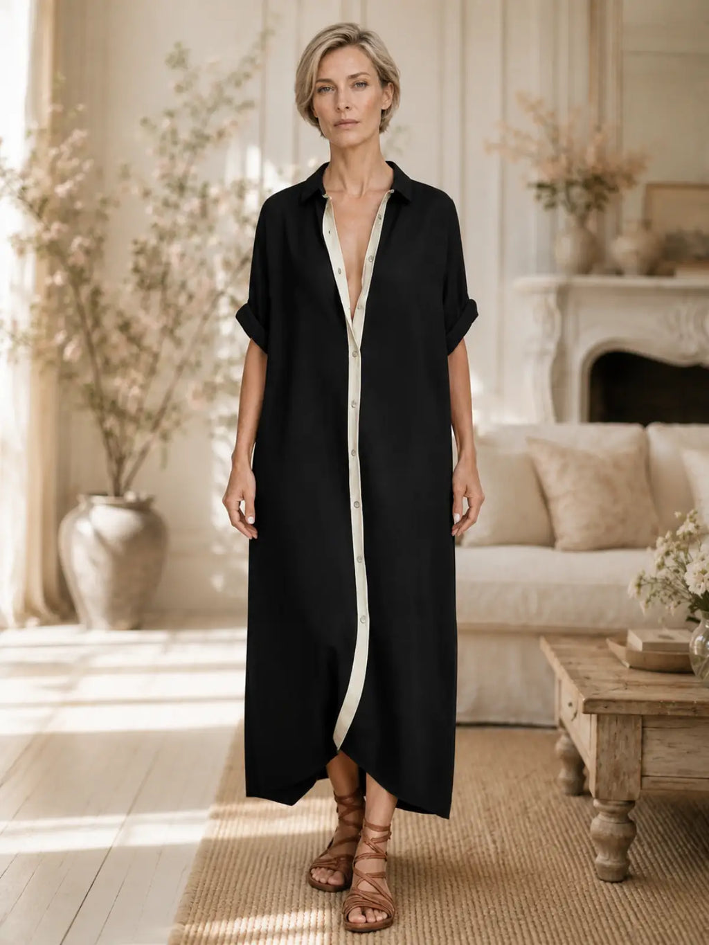 Contrast Placket Relaxed Maxi Shirt Dress