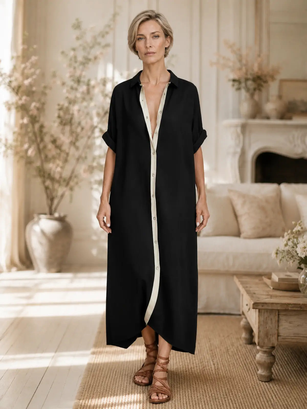 Contrast Placket Relaxed Maxi Shirt Dress