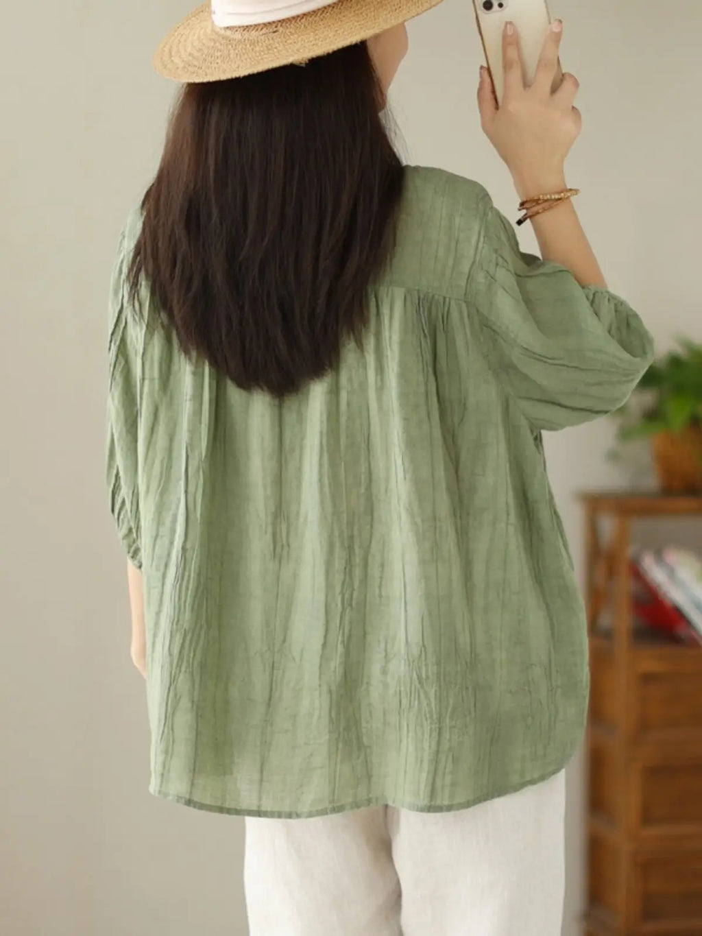 Linen-Look V-Neck Top with Floral Embroidery - detail view