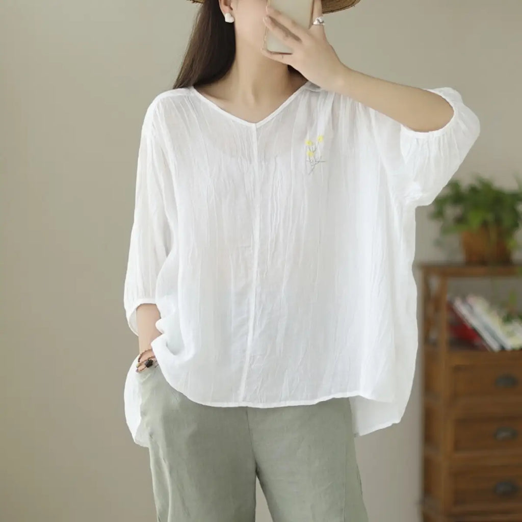 Linen-Look V-Neck Top with Floral Embroidery - flat lay view