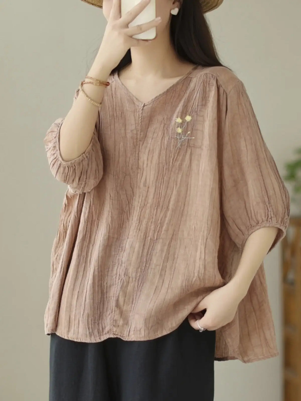 Linen-Look V-Neck Top with Floral Embroidery - full body view