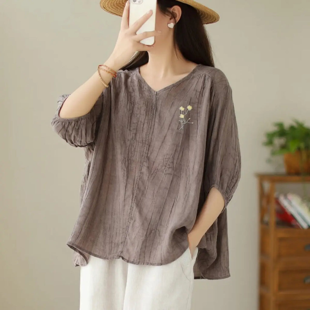 Linen-Look V-Neck Top with Floral Embroidery - image 6 view