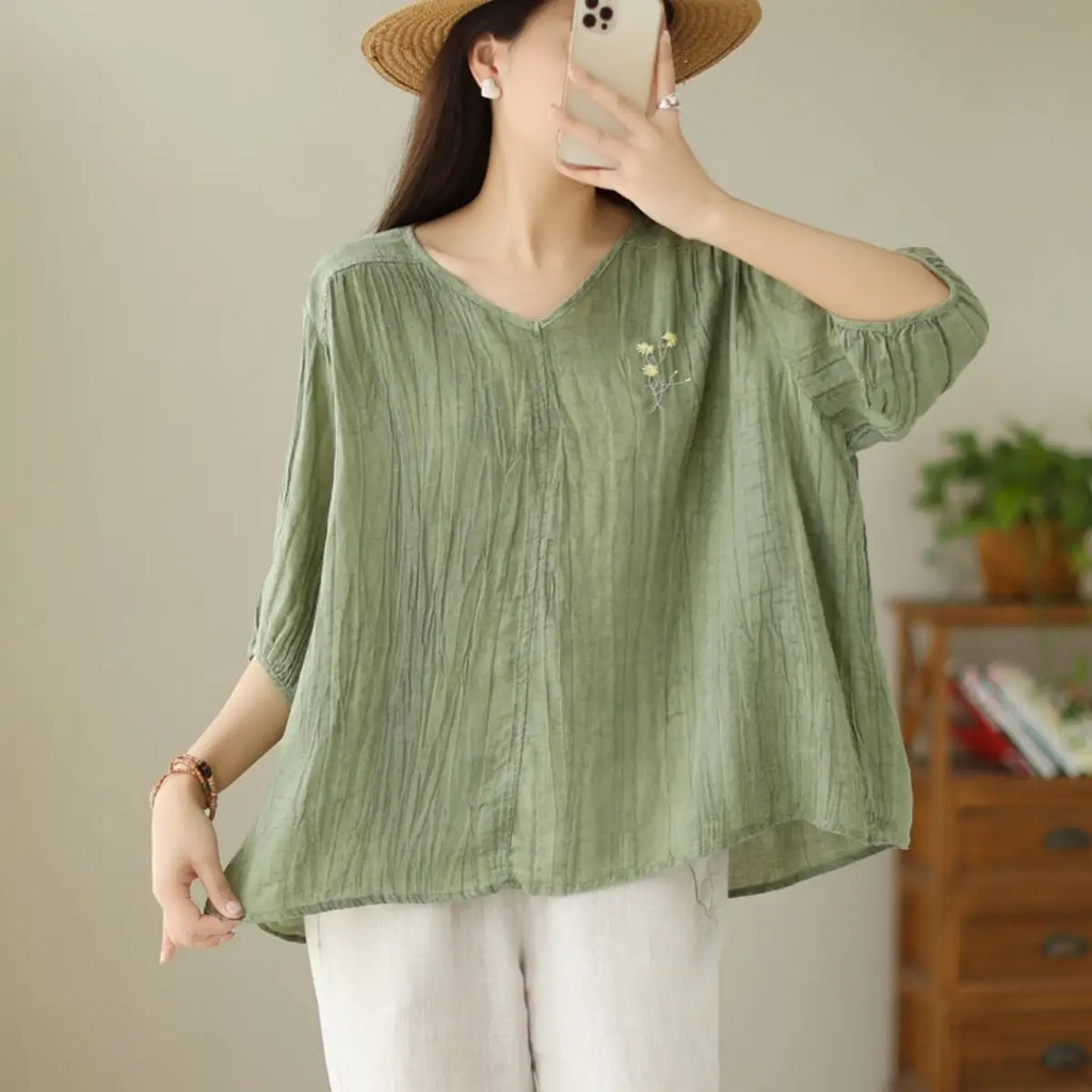Linen-Look V-Neck Top with Floral Embroidery - lifestyle view