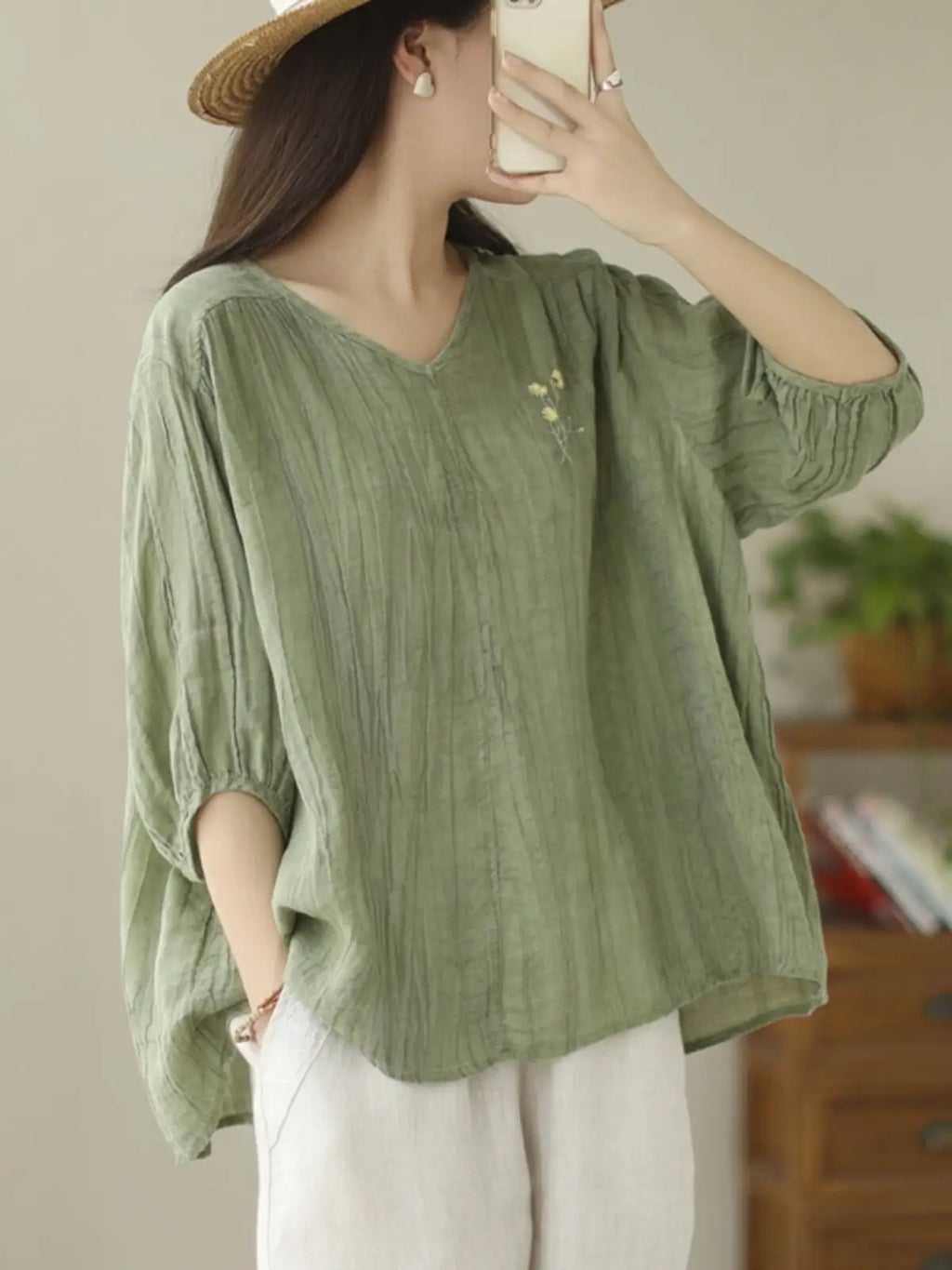 Linen-Look V-Neck Top with Floral Embroidery - main model view