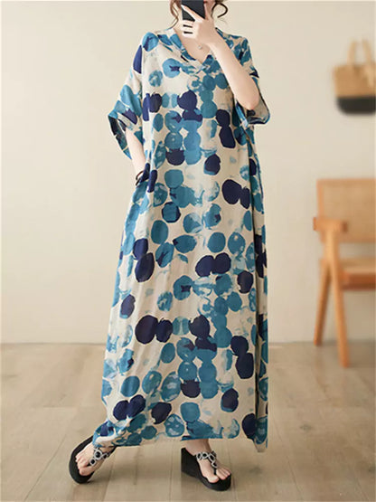 Boho-Maxikleid aus Leinen mit Polka-Dots und kurzen Ärmeln