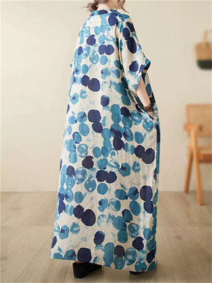 Boho-Maxikleid aus Leinen mit Polka-Dots und kurzen Ärmeln