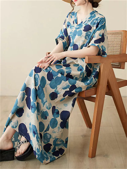 Boho-Maxikleid aus Leinen mit Polka-Dots und kurzen Ärmeln