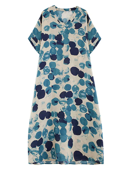 Boho-Maxikleid aus Leinen mit Polka-Dots und kurzen Ärmeln