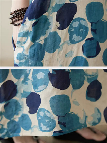 Boho-Maxikleid aus Leinen mit Polka-Dots und kurzen Ärmeln