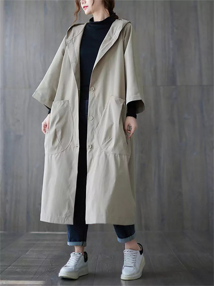 Plus Size Women's Long Hooded Trench Coat Utility Big Pocket