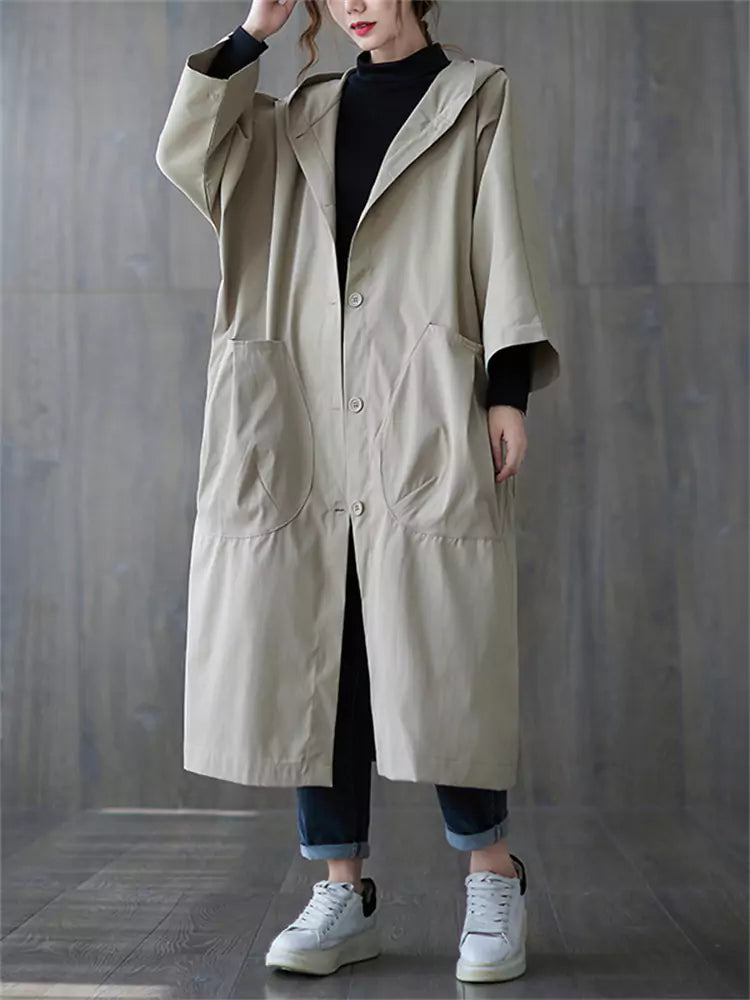 Plus Size Women's Long Hooded Trench Coat Utility Big Pocket