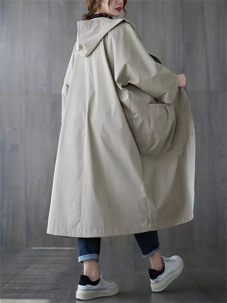 Plus Size Women's Long Hooded Trench Coat Utility Big Pocket