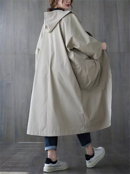 Damen-Trenchcoat in Übergröße mit Kapuze, langem Design und praktischer, großer Tasche